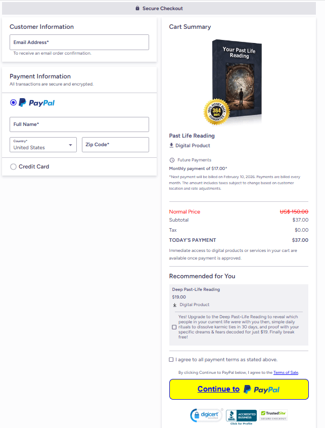 Past Life Reading Checkout Page